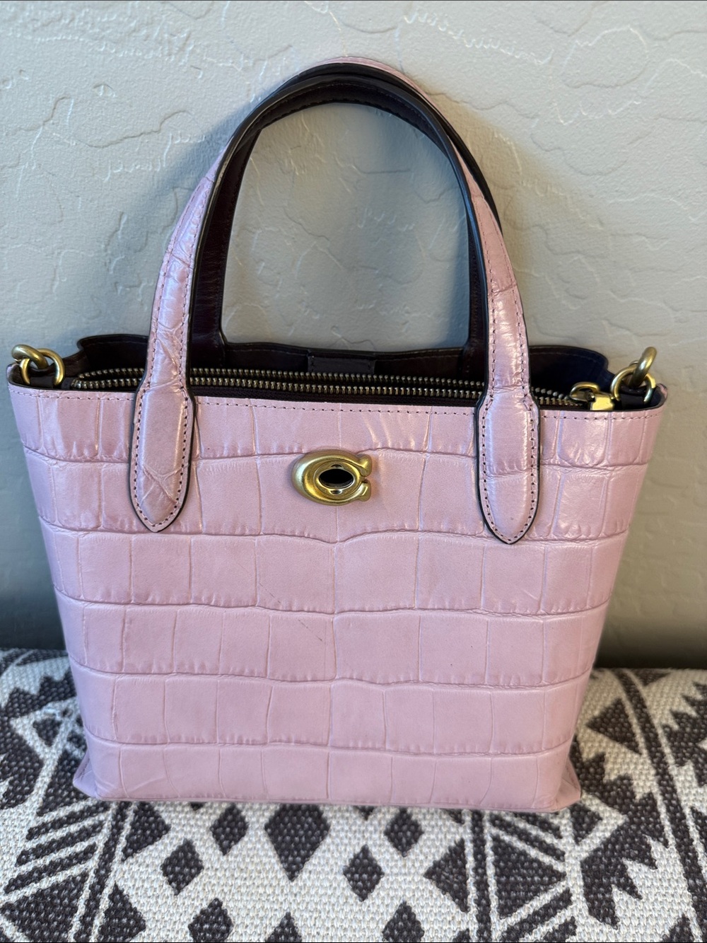 Coach Pink Croc-Embossed Mini Satchel with Gold Hardware